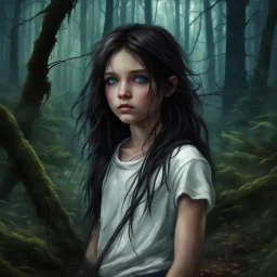 12 year old girl with dark tangled hair and blue eyes wearing a ripped and dirty white teeshirt, in a forest , photorealistic, dark fantasy