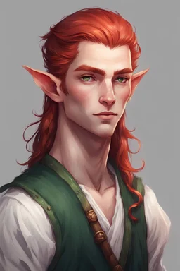 cute pallid male elf with long red hair in a bun dnd