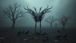 close in center weird crepy bird creature around different small dark crepy birds and far away surreal thriller vibe trees in alternative surreal barren, dry, gloomy world, nightmare in abyss, deep vortex, black, gray, purple, brown, silver, dark red colors, surreal, weird dark fantasy, deep dark colors, sharp lines, crepy stunning, high detalied, weird, fog, shadows, realistic, surreal, highly detailed, melancholic thriller mood