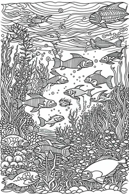 STRESS RELIEF themed coloring page for adult, A serene underwater world teeming with gracefully gliding sea turtles, colorful coral, and playful dolphins in a spectrum of calming blues and greens, cartoon style, thick outline, low details, no shading, no color