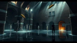 A surreal, industrial space filled with intricate brick architecture, featuring ethereal human figures in various poses of movement and contemplation. The scene is illuminated by dramatic overhead lights, casting shadows on the textured surfaces. Elements of water create reflections, enhancing the dreamlike atmosphere. A sense of mystery and motion pervades the scene.