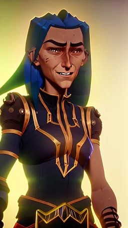 A woman has tanned skin. Her face, marked by the years, is always smiling, showing her superiority in the eyes of others. She is dressed in a steel armor with a few pieces of yellow and green fabric sticking out.