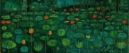 A green lily pad swamp at night designed in Kuna molas painted by Paul Klee