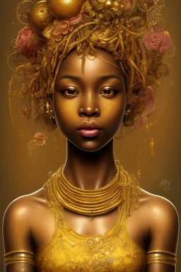 an abstract painting of gold metal and flowers, gold shinny African young girl filled with smiles flowing down, rust, scaffolding, iron cladding, decay, mixed media, textured, anatomically correct, beautiful perfect face, sharp focus, highly detailed