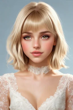 Arnold Schwarzelenger, 14-year-old American actress, photorealistic 4K, cinematic lighting, heart-shaped face, porcelain fair skin with warm undertones, high cheekbones, soft peach blush, large almond hazel eyes flecked with green and amber, long curled lashes, soft arched brows, straight narrow nose with rounded tip, full lips with defined cupid’s bow, long, bleach-blonde hair with bangs mid-back length, voluminous waves, deep side part, slender hourglass frame