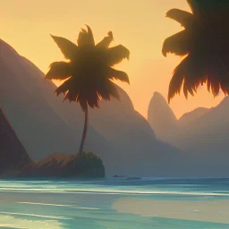 "Generate an image of a serene beach at sunset with palm trees swaying in the breeze. The water should have a gentle, reflective quality, and the sky should be painted in warm hues of orange and pink."