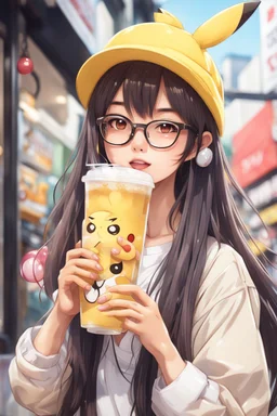 cute anime style asian girl with side swept bangs, wide frame glasses, long hair, mid taper face, holding bubble tea drink, wearing pikachu hat