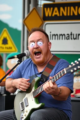 a very immature adult man playing music, cartman south park, sign in background that says "Warning!" "immature"