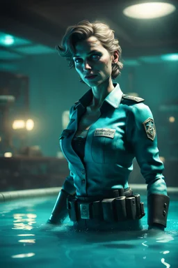 super mutant police woman in cyan pool in fallout 4 setting, bokeh, downlight, prize winning, depth of field, in the style of ivo caprino, backlight, aura