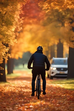 An Autumn Scene With A Man On A Bike, Stopped On The Side Of A Path, Wearing A Coat, Stopped To Take In The View, On The Grass, Colorful Leaves On The Ground, Vibrant, Colorful, Super Dramatic Light, Sharp Focus, Detailed, HDR, 8k Resolution