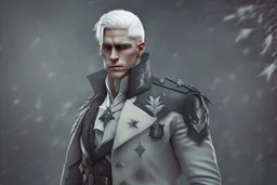 A white masculine human with medium white hair. A Lot of Battle Scars. Full body. Black Military Outfit. HD