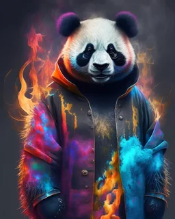 Panda grizzle hybrid colors clothes with lollipopd dark fire art ,Hyperrealistic stunning Master piece