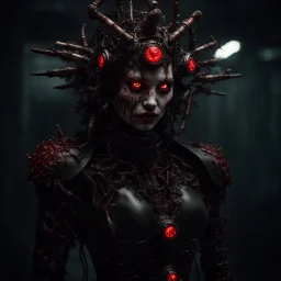 Demonic mechanical creepy aggressive necrophage zombie undead girl with scary red eyes, in a spiky leather and mechanical parts suit with tubes, dark fantasy horror, Filigree, Aesthetically pleasing, Realistic, Professional photo, 4k, hight resolution, higly detailed, 30mm lens, 1/250s, f/2.8, ISO 100