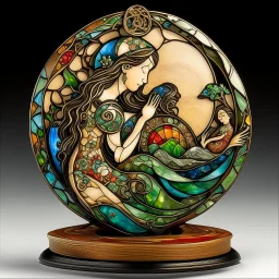 🔥 PROMPT: A surrealistic art piece featuring Mother Earth cradling Planet Earth in her arms. The sculpture is intricately carved from interlacing wood, with stained glass inlays that illuminate the artwork. The filigree design draws inspiration from Irish folk art, blending the styles of James Rizzi, Mary Anning, Rufino Tamayo, and Carl Kleiner. Set against a dark background, the illuminated sculpture installation presents a stunning fusion of nature and art, with detailed craftsmanship and vib