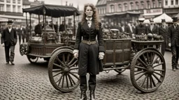 full-length portrait of a pale-faced woman with auburn wavy shoulder-length hair, with metal arms and legs, dressed in leather trousers and jacket, with a blouse, standing beside a steam carriage in a busy market square