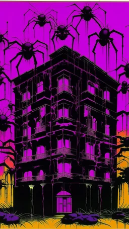 A purple citadel with spiders painted by Andy Warhol