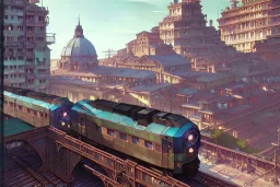 close up train+Elevated train+rome corner building+Italian colourful sea village +alphonse mucha, greg rutkowski,matte painting, cryengine, hyper detailed, felix kelly, fantasy art, seb mckinnon