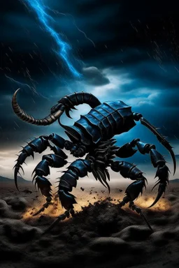 Black emperor Scorpio emblem on a burning landscape background With its Tail curled up behind his back ready to strike and from claws grasping under a storming sky with blue lightening striking around it