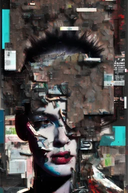 Ultra detailed medium portrait painting of anxiety , torn up collage of clippings, broken circuitry background, matrix effects, punk visual art, punk art aesthetic, graffiti art, pop surrealism, collage art, cluttered paint glitches