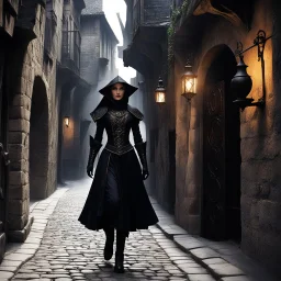 She moves with silent grace through the winding alleyways of the medieval city, a master of the arts of thieves and illusion. Clad in dark garb that blends seamlessly with the shadows for torches, her eyes gleam with a hunger for novelty and adventure. The city is the playground of her illusions and tricks, its secrets and treasures ripe for the taking. The cobblestone streets echo in the slice of the night; she remains unseen, a phantom slipping through the cracks of society.