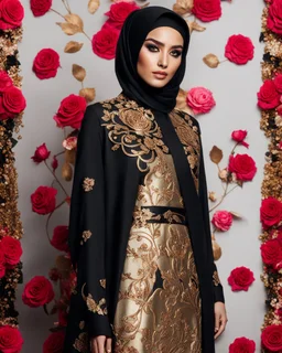 Luxury potrait of a beautiful super model hijab beauty makeup cosmetic,she wearing islamic a luxurious details pattern color gold and black casual jacket with designed large flower details that resemble roses.The dress has an asymmetrical design with one sleeve and a flowing skirt.background of the image shows a red carpet event with floral decorations,close-up portrait