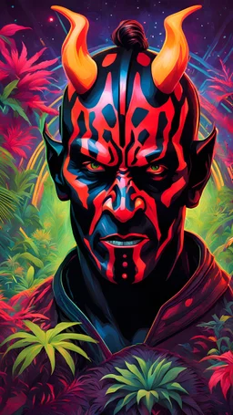 An angry Darth Maul, fueled by rage, runs through a neon-lit, cyberpunk jungle teeming with strange creatures. Render in the vibrant and psychedelic style of ayahuasca art, reminiscent of the works of Callie Fink