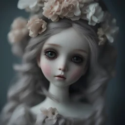 a close up of a doll with a flower in her hair, pale muted pastel moody colors, jabberwocky, detailed realistic expressions, light makeup focus, resin, in a desolate, of romanticism a center image, earnest, shot with Sony Alpha a9 Il and Sony FE 200-600mm f/5.6-6.3 G OSS lens, natural light, hyper realistic photograph, ultra detailed -ar 3:2 -q 2 -s 750