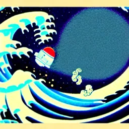 An astronaut floating in space surrounded by a halo of glowing jellyfish, done in the style of Hokusai's The Great Wave off Kanagawa