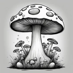 mushroom, black and white, cartoon, drawing