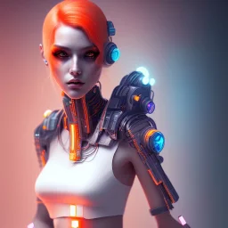 A beautiful portrait of a cute cyberpunk woman orange color scheme, high key lighting, volumetric light high details with white stripes