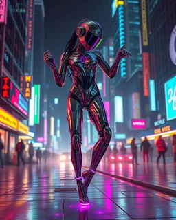Night city Atmosphere Beyond Future A robotic Dj cyberpunk wearing advanced futuristic clothes metal shiny glass multicolor ( all to feet) she on passionate hip hop dancing faster in futuristic cyber city 3d rendering sci fi picture