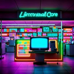 Unsettling office, skull, neon signs, empty, a computer is running, liminalcore, windows 95 logos, supermarket, children park