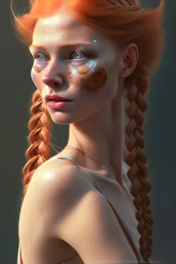 Woman 30 anni, cute, beautiful, orange hair, two braids, wild bangs, blue eyes, big eyes, freckles, long eyelashes, pink lipstick, thin lips, small nose, Gillian from Practical Magic, 8k resolution concept art portrait by Greg Rutkowski