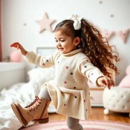 a 2 years old azeri girl in modern clothing and makeup dancing with cute and joy with pertty boots in a baby bedroom