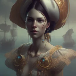 Pirate, cinematic, 8k, resolution concept art portrait by Greg Rutkowski, Artgerm, WLOP, Alphonse Mucha dynamic lighting hyperdetailed intricately detailed, octane render