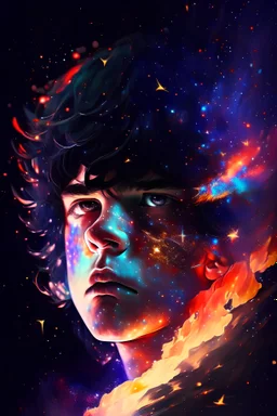 A boy face of colored flames and dark hair with exploding galaxies
