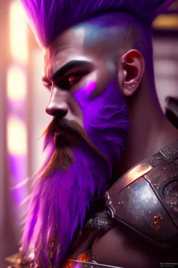 photorealistic warrior, hyperdetailed painting, luminism, Bar lighting, complex, purple mohawk, 4k resolution concept art, Artgerm, WLOP, Alphonse Mucha, 3d render, octane render, intricately detailed, cinematic, awesome full color, hand drawn, dark, gritty, cinematic, purple beard, wyvern