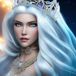 Ice Princess with white hair, a crown with precious stones, bright background