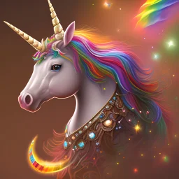 chocolate unicorn with rainbow horn with sparkles with a bell on his neck, really cute, detailed, RTX, fantasy, 8K