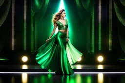 a very beautiful lady with makeup and curvy hair, wearing a pretty green jewelled long skirt with blouse and high heels, dancing over a modern stage with luxury metalic fractal recursive structures and dynamic color lights.3by 2