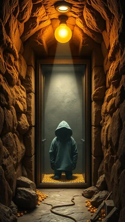 An elevator inside a cave of mine for gold a hooded creatures