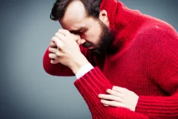 Man thinking hard in red sweater