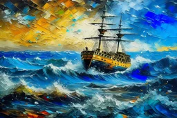 Seascape, ship on the high seas, storm, high waves, colored ink mikhail garmash, louis jover, victor cheleg, damien hirst, ivan aizovsky, claude joseph vernet, broken glass effect, no background, amazing, something that doesn’t even exist, mythical creature, energy, molecular, textures, shimmering and luminescent colors, breathtaking beauty, pure perfection, divine presence, unforgettable, impressive, three-dimensional light, auras, rays, vibrant colors, broken glass effect, no background, stunn