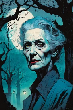 create a fine art print illustration of an old Jewish female vampire with ,highly detailed feminine facial features, surrounded by ancient oak trees, in the old city of Krakow, shrouded in a fetid mist at midnight , in the comic book art style of Bill Sienkiewicz, and Jean Giraud Moebius, finely textured, drawn, colored, and inked