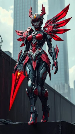 A centering dynamic view action showcasing the fusion of picasso and Neumorphic elements, depicting a fully fantasy female red blood mecha-girl. Its intricate mechanisms are driven by interlocking dress and complex mechanical blade embedded throughout its massive deco frame. Stance walk on black mechtech wall abandone city. no camera