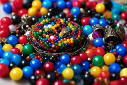 [dices and skills] close-up high res photo by Barry Webb: a gypsy's wrist surrounded and saturated by strings of beads, the hundreds of beads in every color shaped like dice or skulls. It's the childlike, mortal symbol of chance intertwined with destiny.