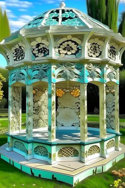 magic carved gazebo, garden, flowers, butterflies, colors: snow-white, silver, milky, mint, glaze, pearl, turquoise, cream, mother-of-pearl, dawn: sfumato, complex abstraction in the style of Dali