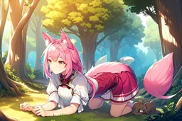 Forest, girl, pink hair, dog tail, sit on all fours