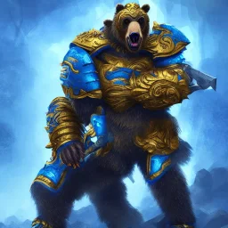 An angry bear warrior in blue and gold armor, background of Inka jungle, high detail, smooth, realistic, digital illustration, Artstation, artgerm,