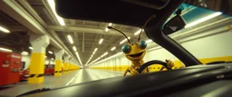 car driving happy insect man in the style of Escher and Giger and Fallout 4, pinhole cam, airbrush 3d rendering, on tv screen:A five-second cinematic single take in a clean industrial presentation hall.